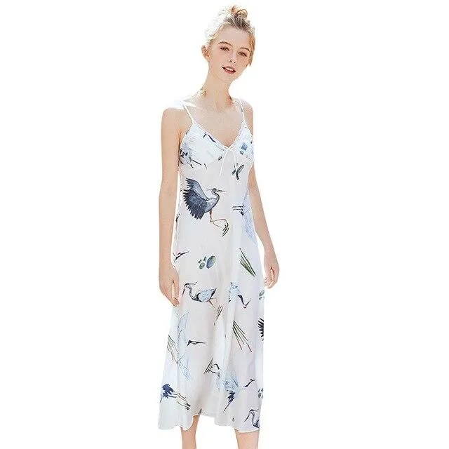 2019 New Sexy Silk Satin NIghtgown Sleeveless Nightdress V-neck Print Sleepshirt Long Nighties Summer Sleeping Dress For Women