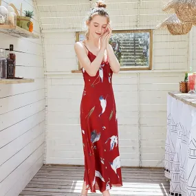 2019 New Sexy Silk Satin NIghtgown Sleeveless Nightdress V-neck Print Sleepshirt Long Nighties Summer Sleeping Dress For Women