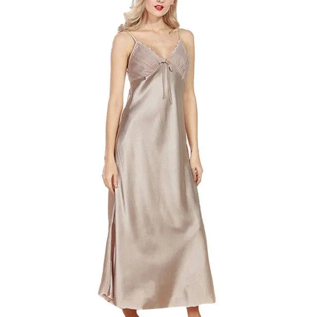 2019 Summer Sexy Satin Loose Sleepwear Women V-Neck Long Maxi Babydoll Night Dress Underwear Nightgowns