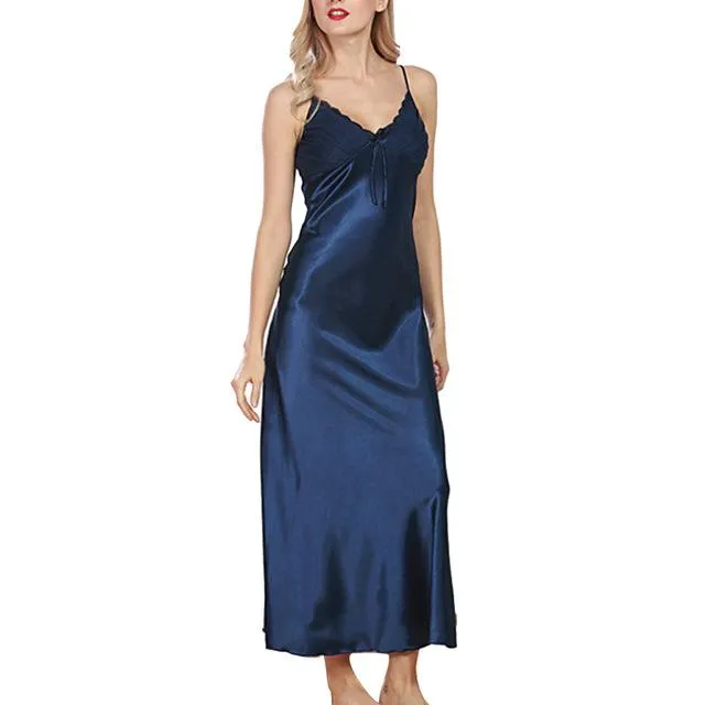 2019 Summer Sexy Satin Loose Sleepwear Women V-Neck Long Maxi Babydoll Night Dress Underwear Nightgowns