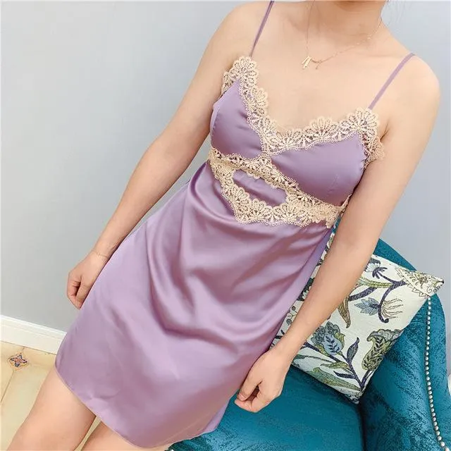2019 Women V-Neck Nightgowns Ladies Sleepshirts Nightshirts Silk Sleepwear Satin Sexy Spaghetti Strap Nightdress Lace Nightwear