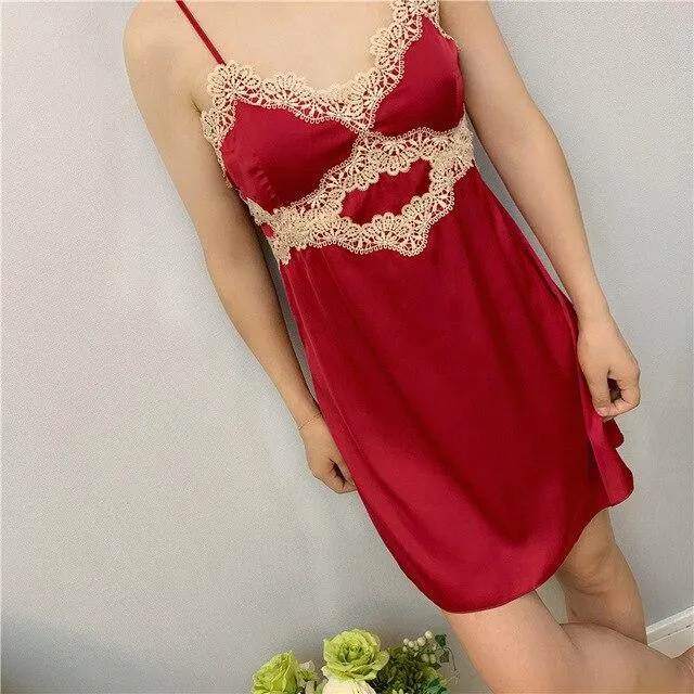 2019 Women V-Neck Nightgowns Ladies Sleepshirts Nightshirts Silk Sleepwear Satin Sexy Spaghetti Strap Nightdress Lace Nightwear