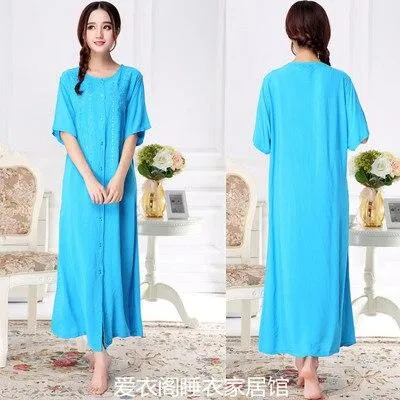 82 Plus size summer short-sleeve ultra 100% cotton long nightgown female buckle embroidery sleepwear derlook L-2XL