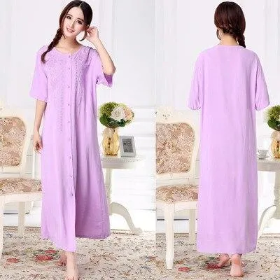 82 Plus size summer short-sleeve ultra 100% cotton long nightgown female buckle embroidery sleepwear derlook L-2XL