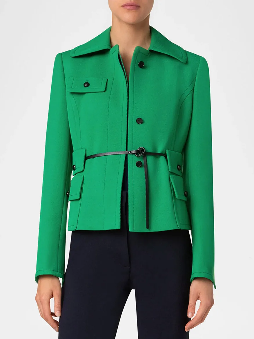 Akris Punto Fitted Belted Tricotine Jacket in Sea Green/Navy