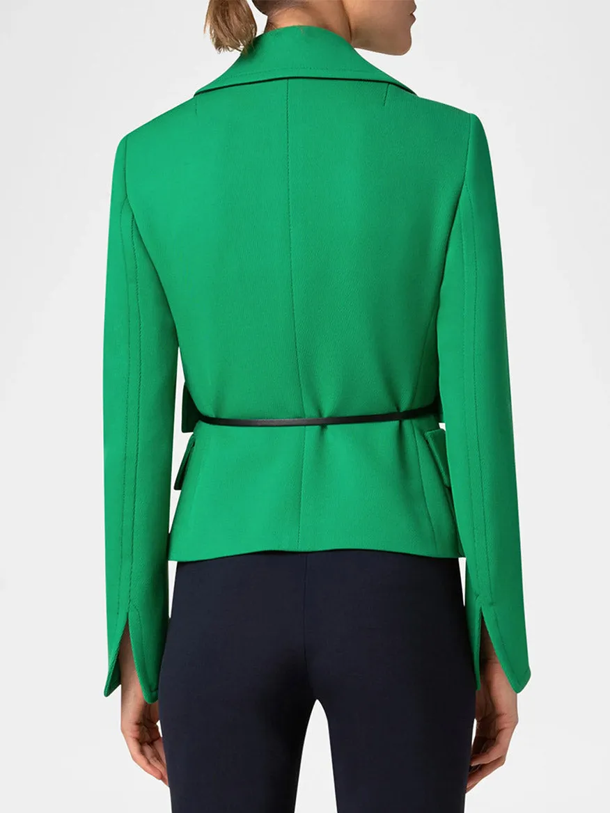 Akris Punto Fitted Belted Tricotine Jacket in Sea Green/Navy