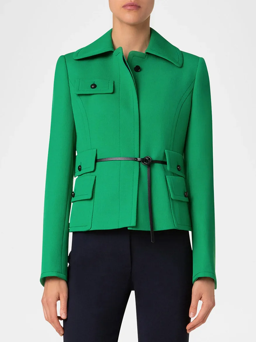 Akris Punto Fitted Belted Tricotine Jacket in Sea Green/Navy