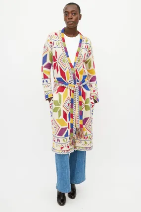 Beige & Multi Long Belted Cardigan