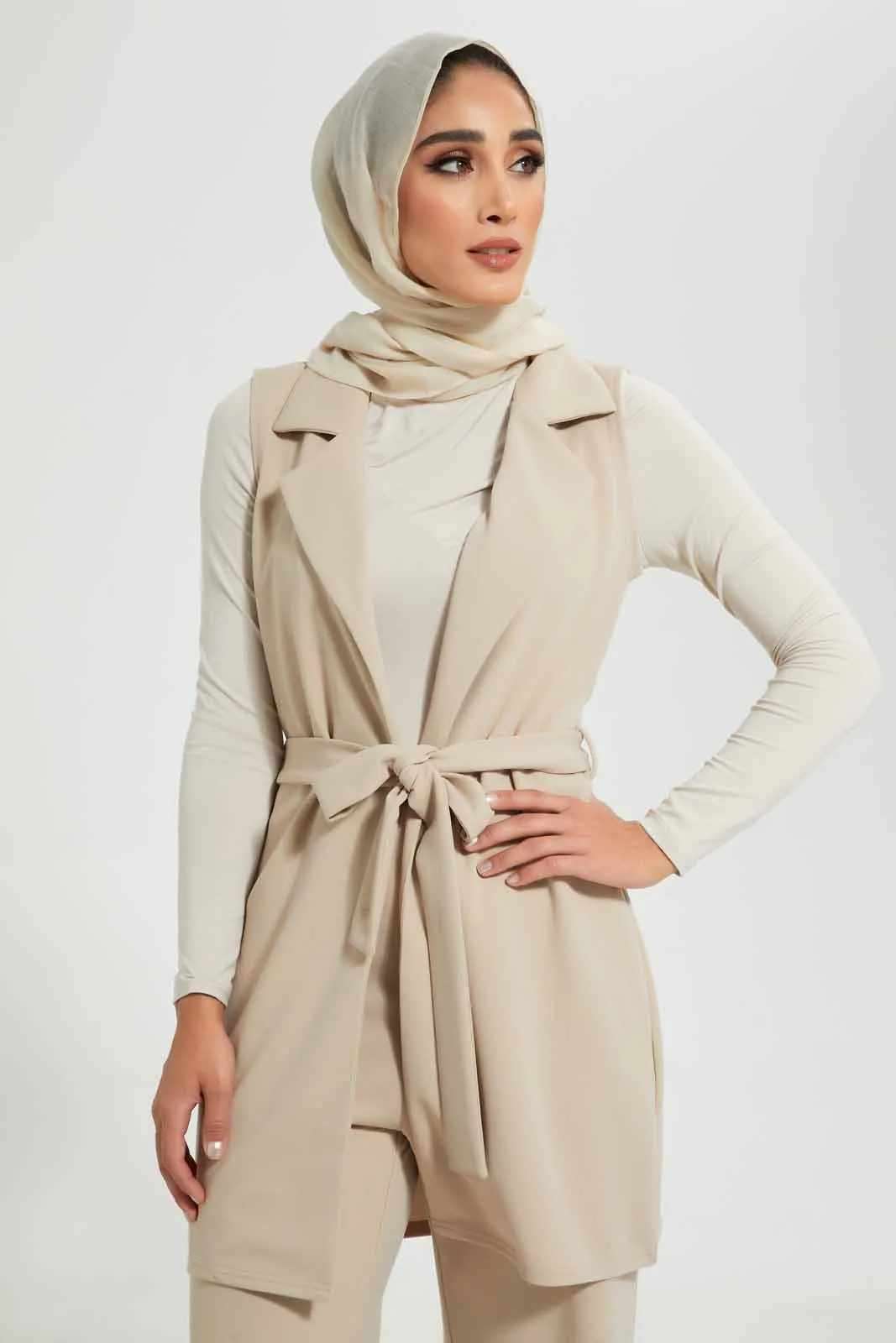 Beige Belted Cardigan