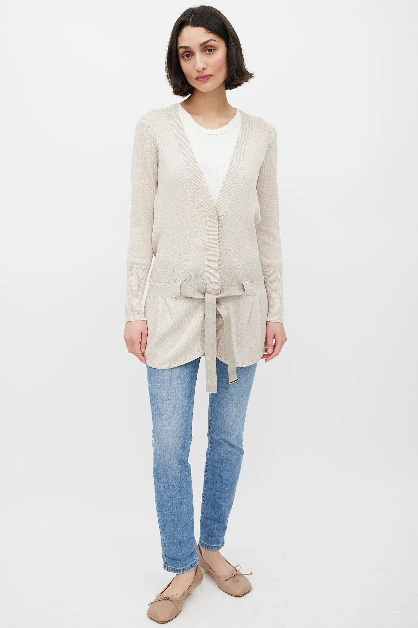 Beige Knit Belted Cardigan
