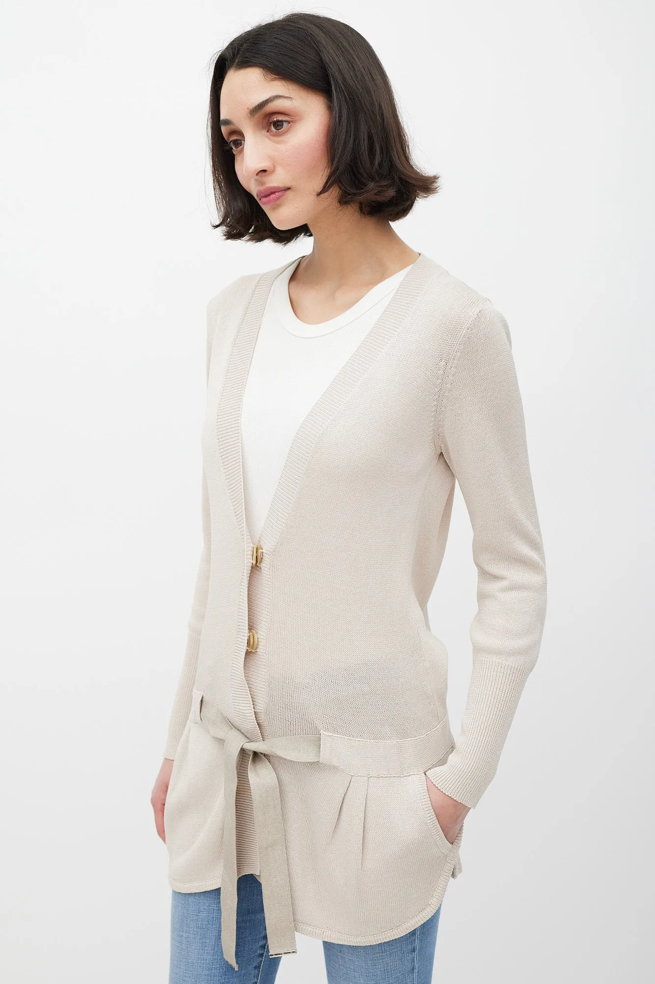 Beige Knit Belted Cardigan