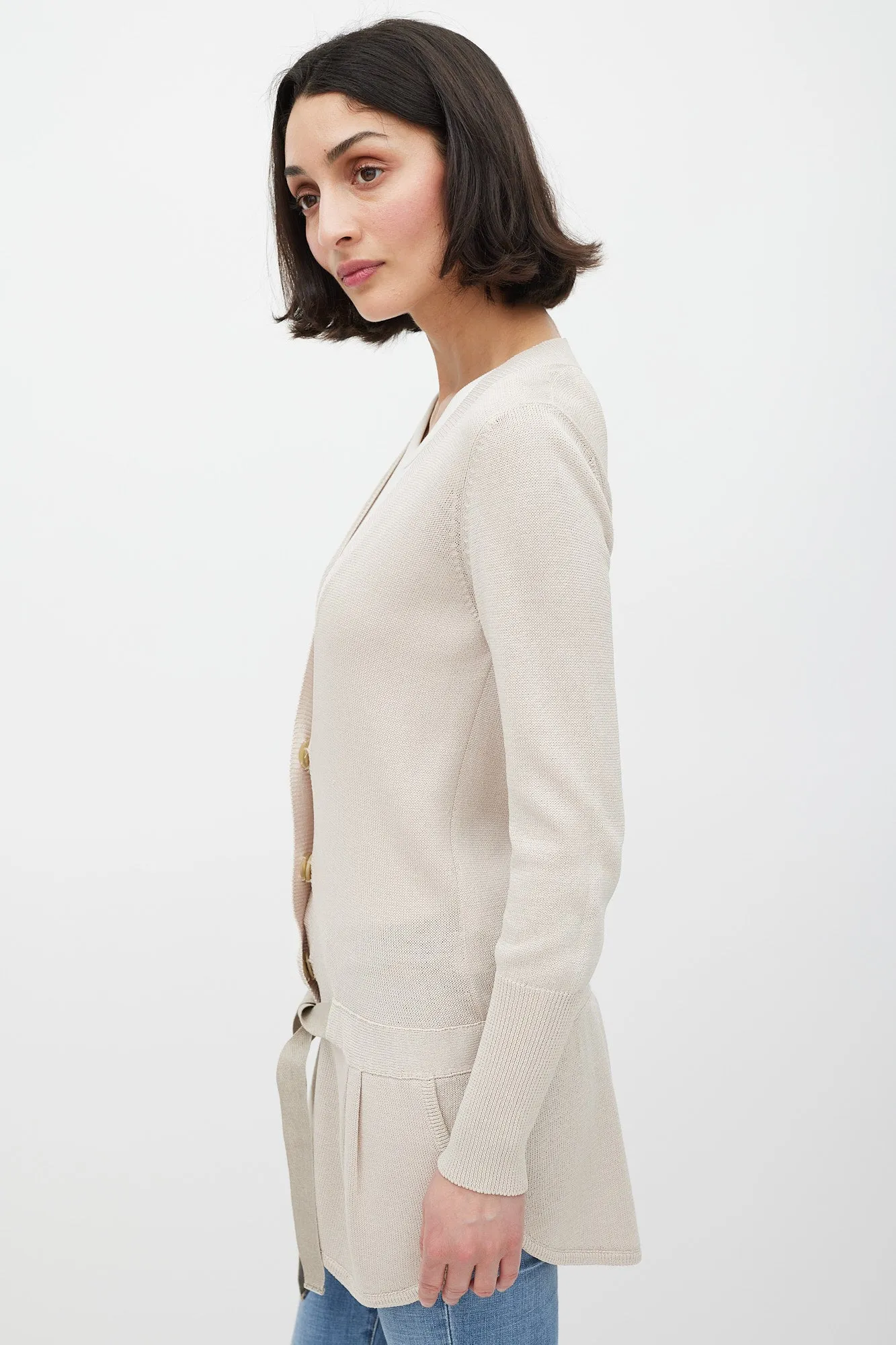 Beige Knit Belted Cardigan