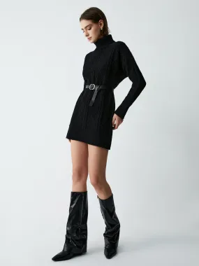 Belted Cable Knit Mock Modern Neck Short Sweater Dress