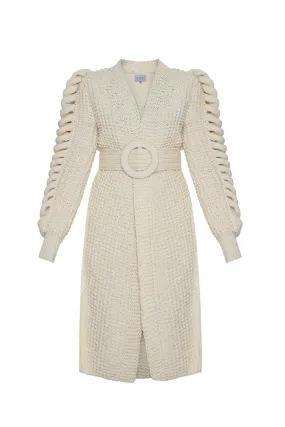 BELTED CARDIGAN WITH KNIT SLEEVES