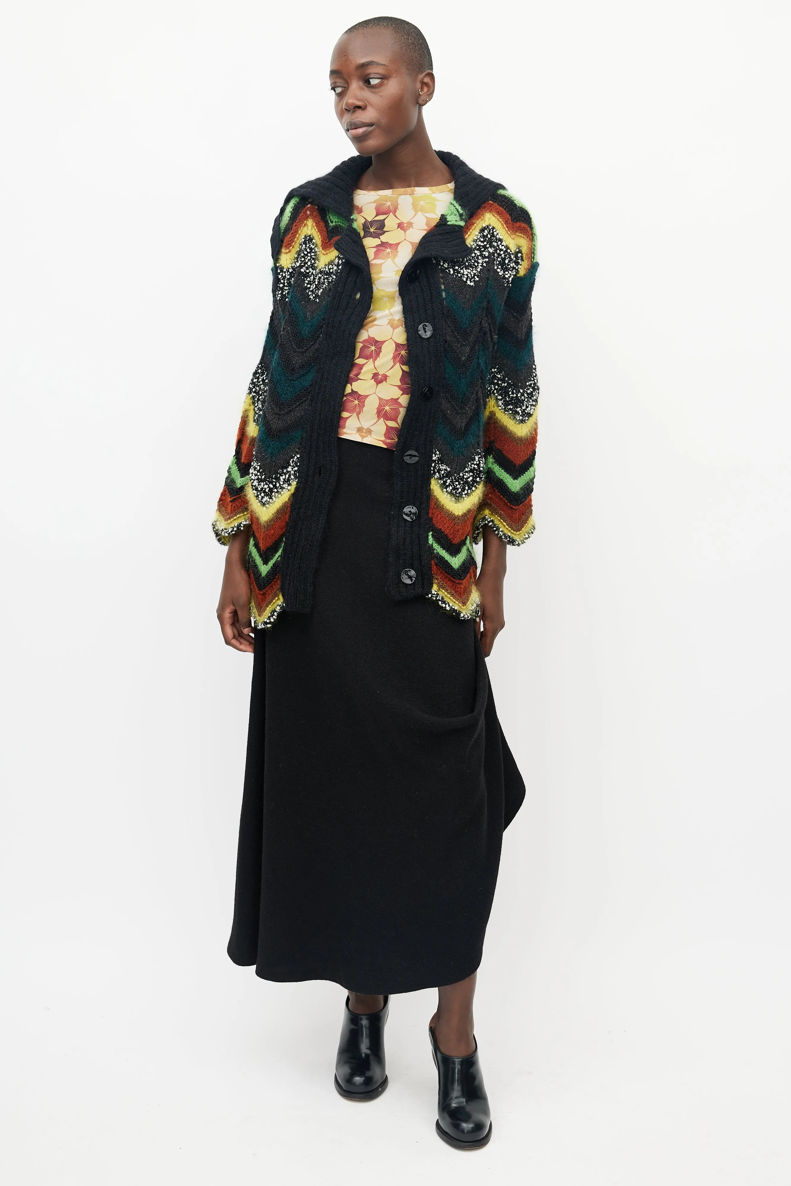 Black & Multicolour Crochet Chevron Cardigan