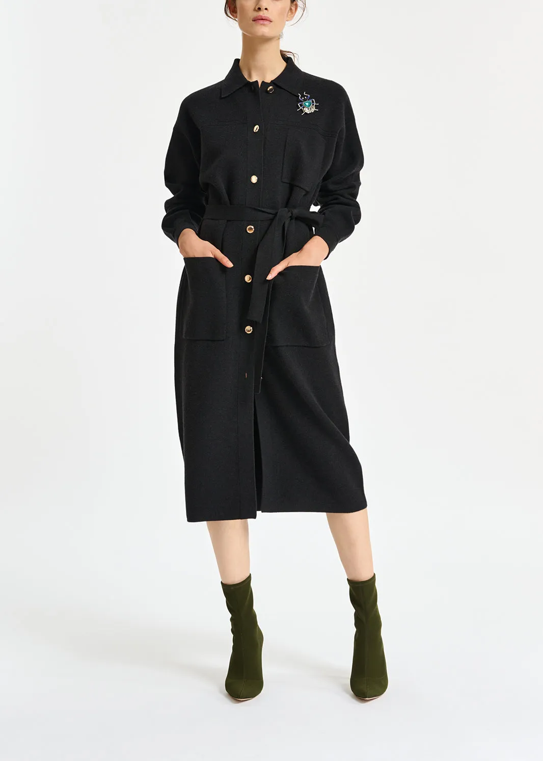 Black belted midi-length knit