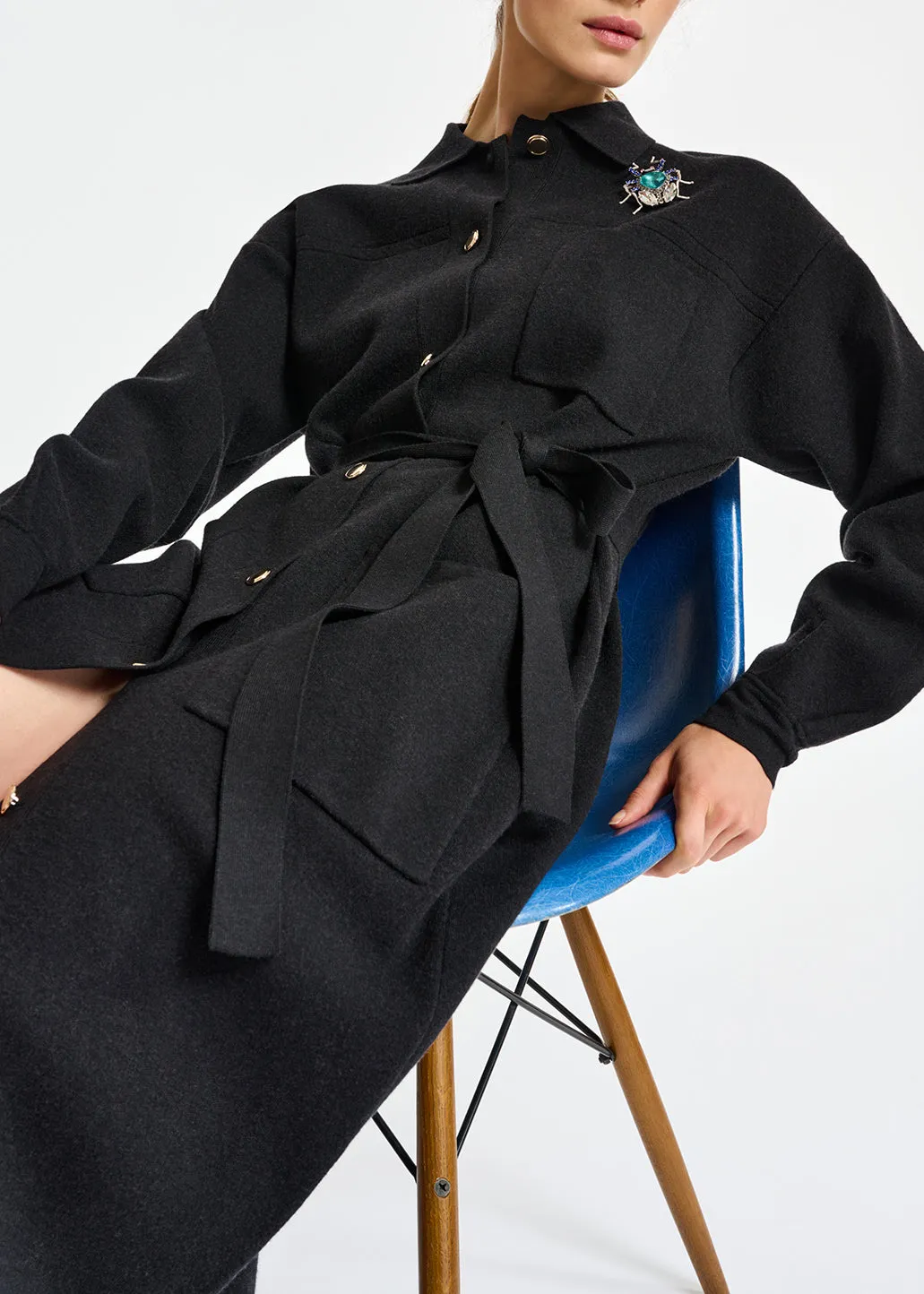 Black belted midi-length knit