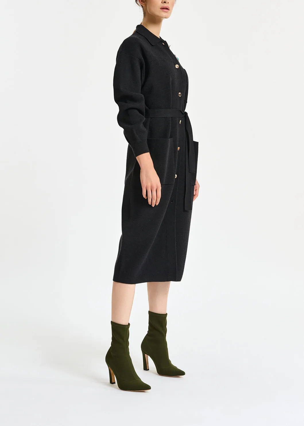 Black belted midi-length knit