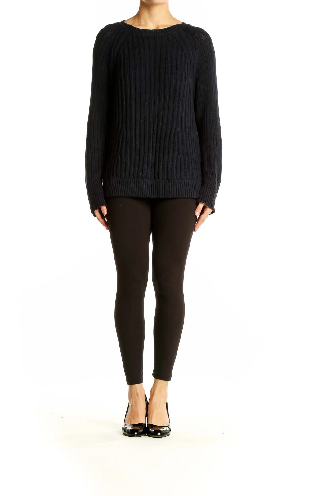 Black Ribbed Cotton Crewneck Sweater