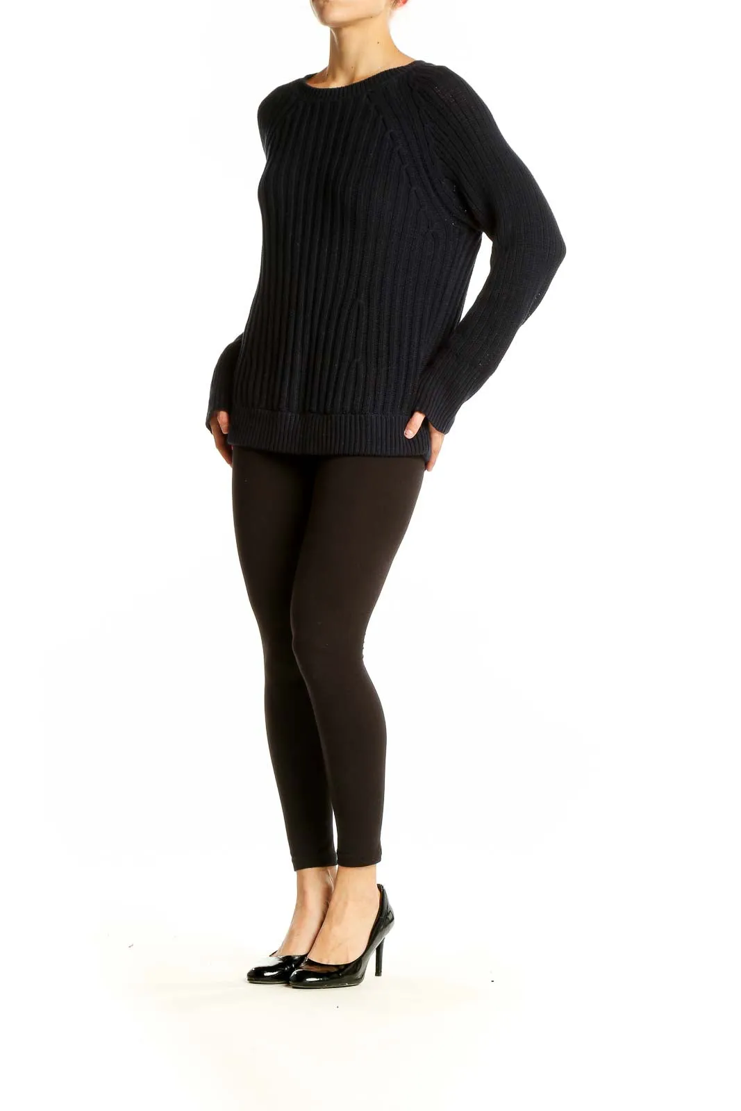 Black Ribbed Cotton Crewneck Sweater