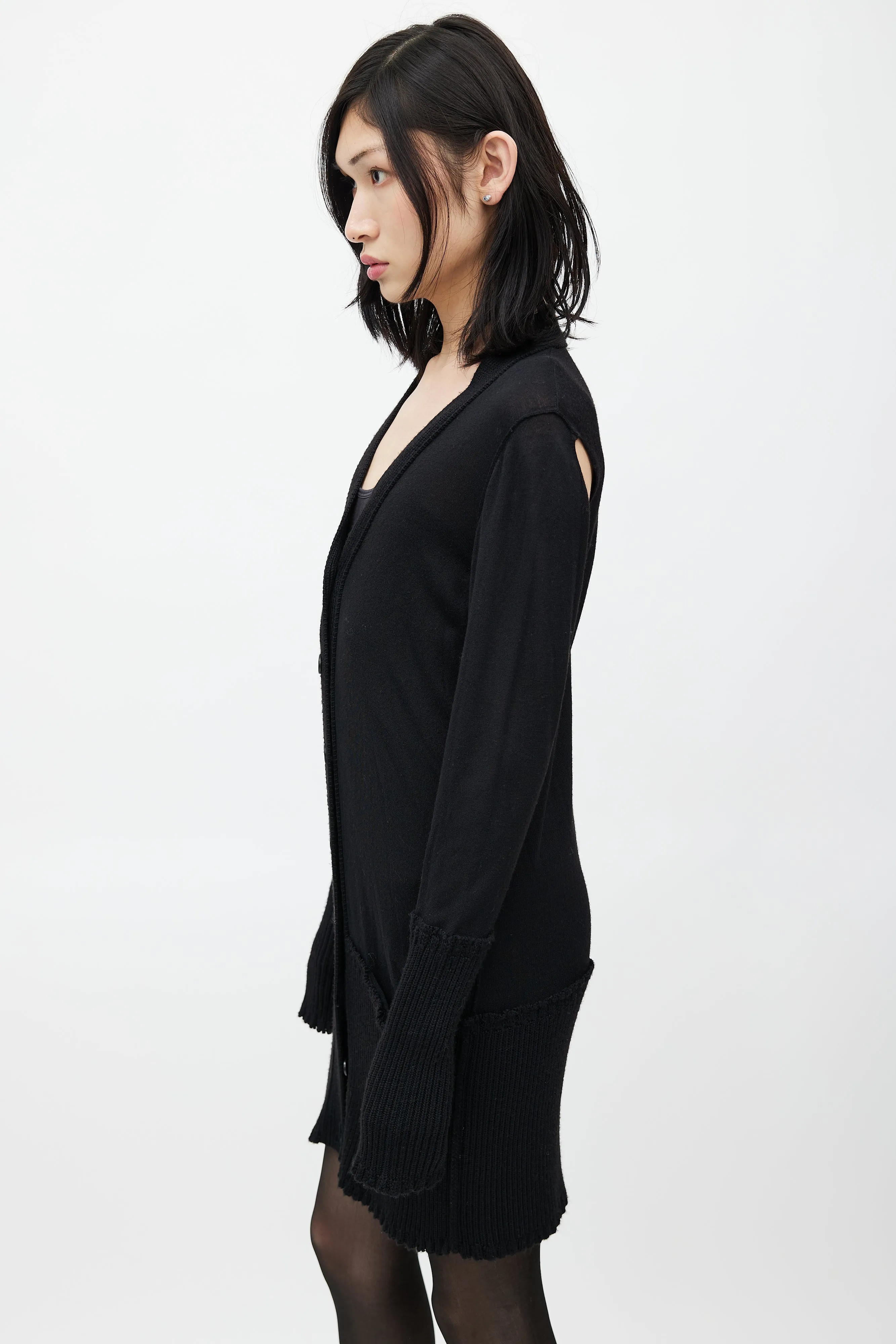 Black Ribbed Cut Out Knit Cardigan
