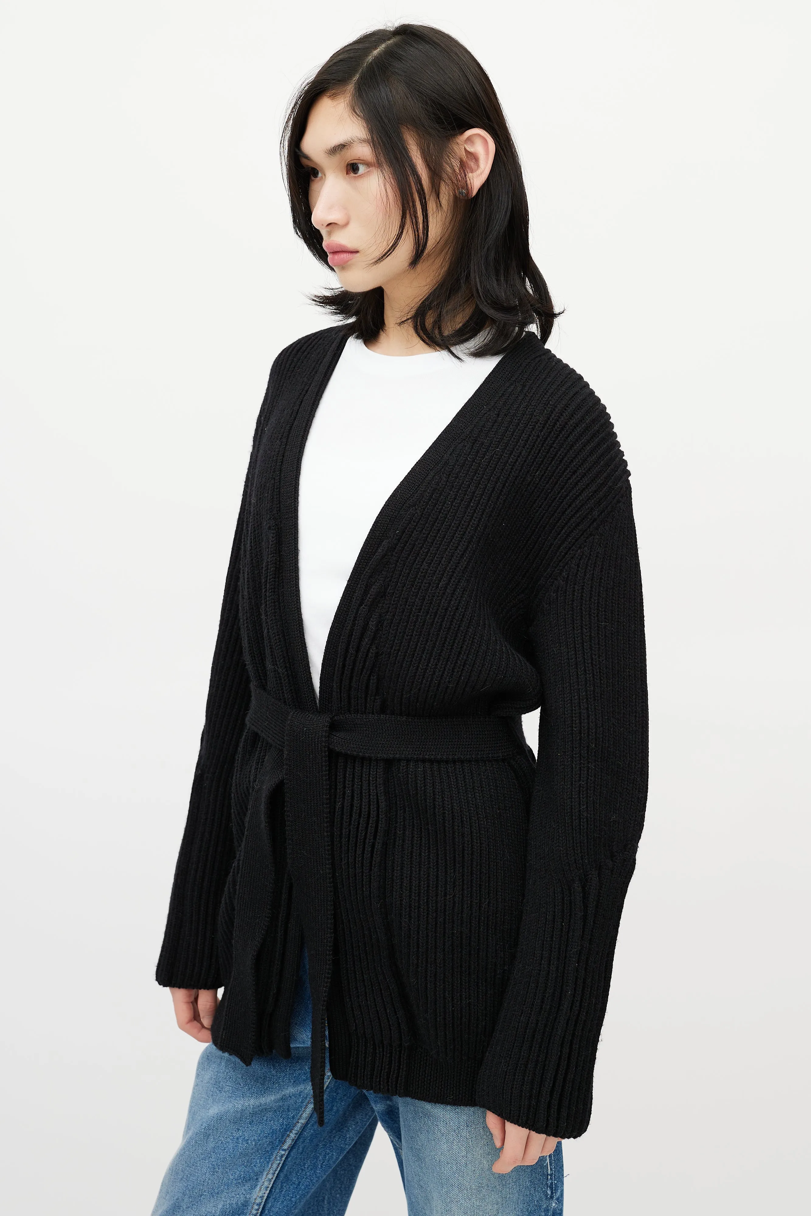 Black Ribbed Knit Belted Wrap Cardigan