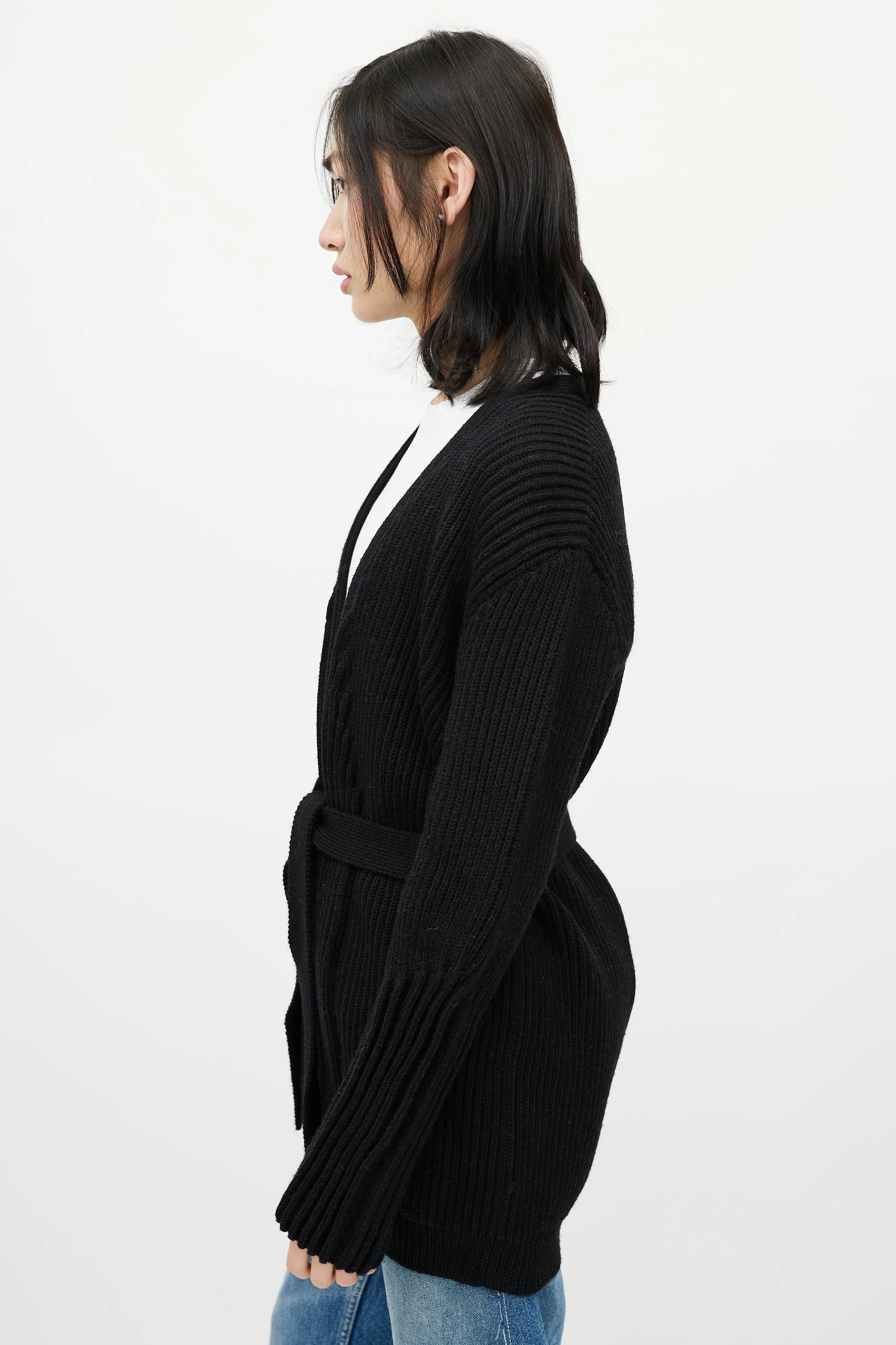 Black Ribbed Knit Belted Wrap Cardigan