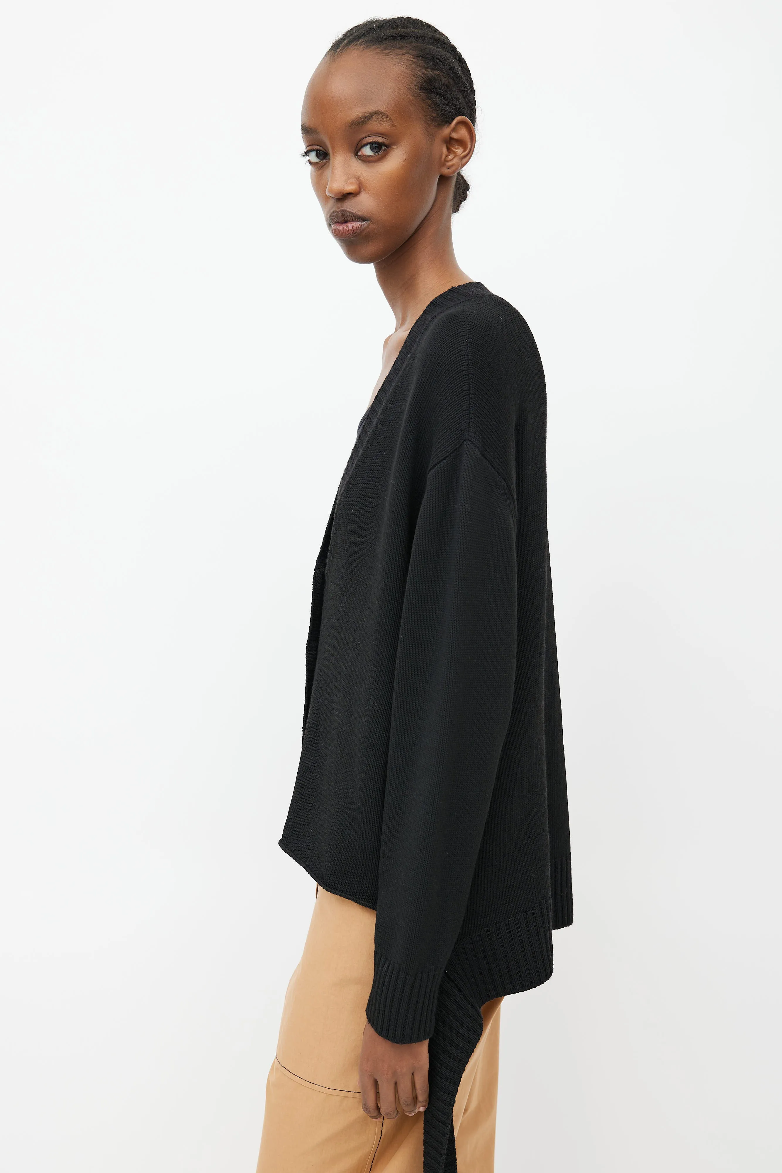 Black Ribbed Knit Tie Strap Cardigan