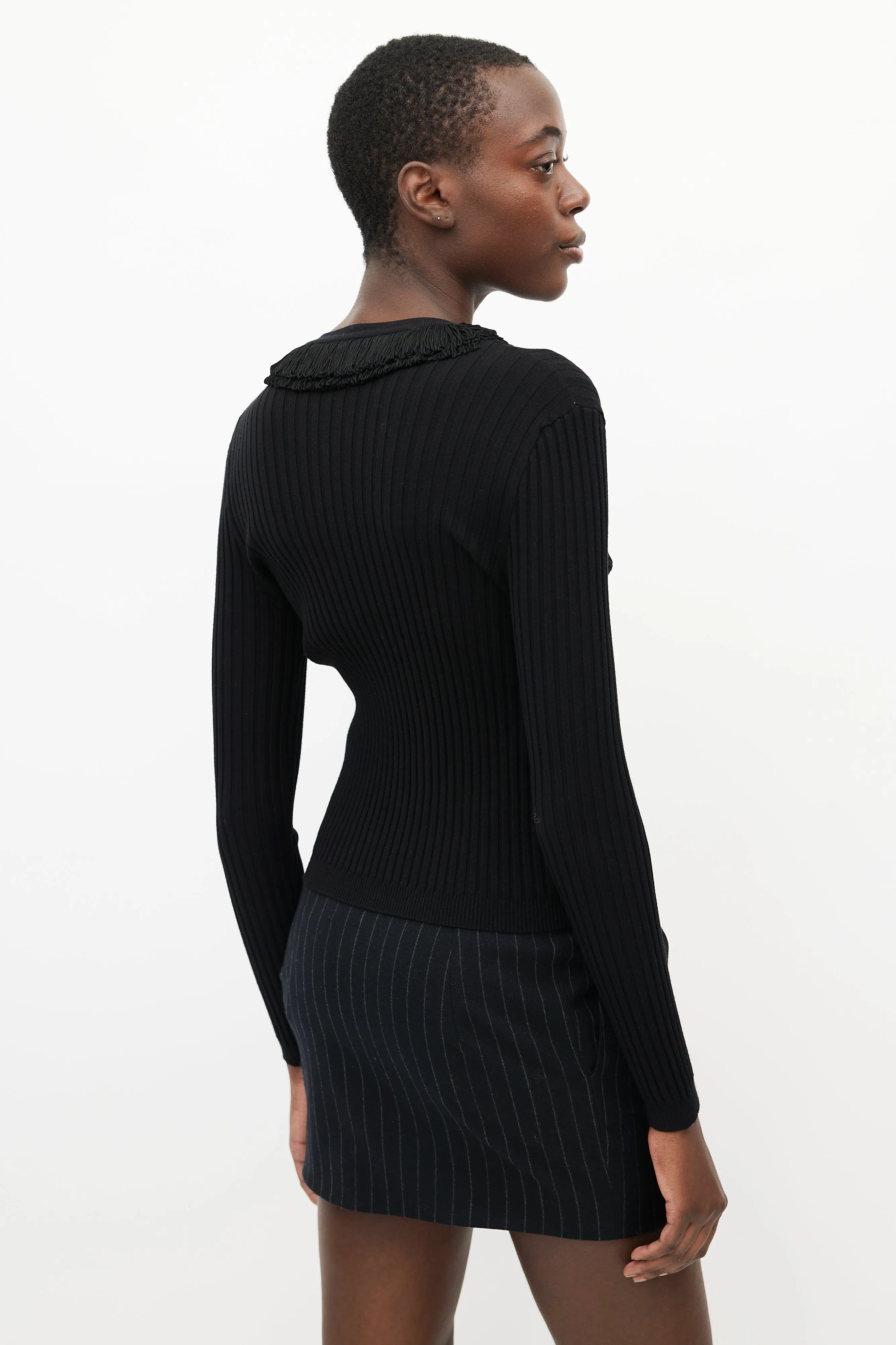 Black Ribbed Pearl Cardigan