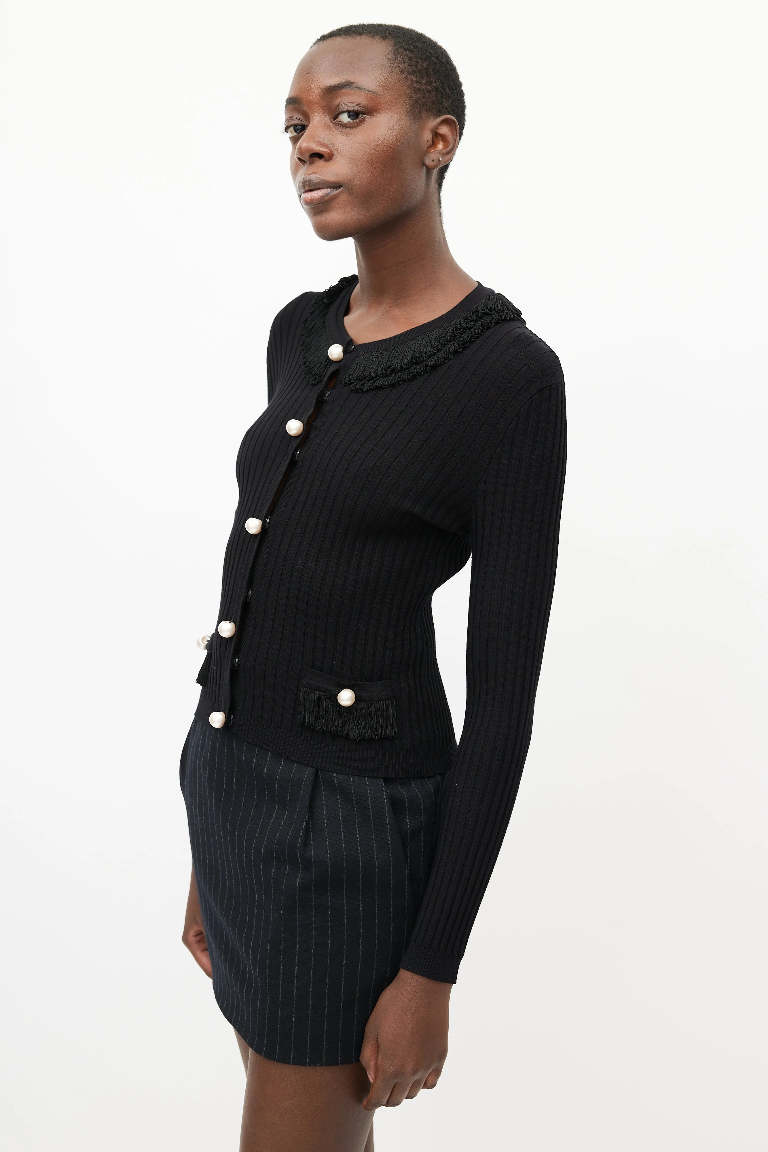 Black Ribbed Pearl Cardigan