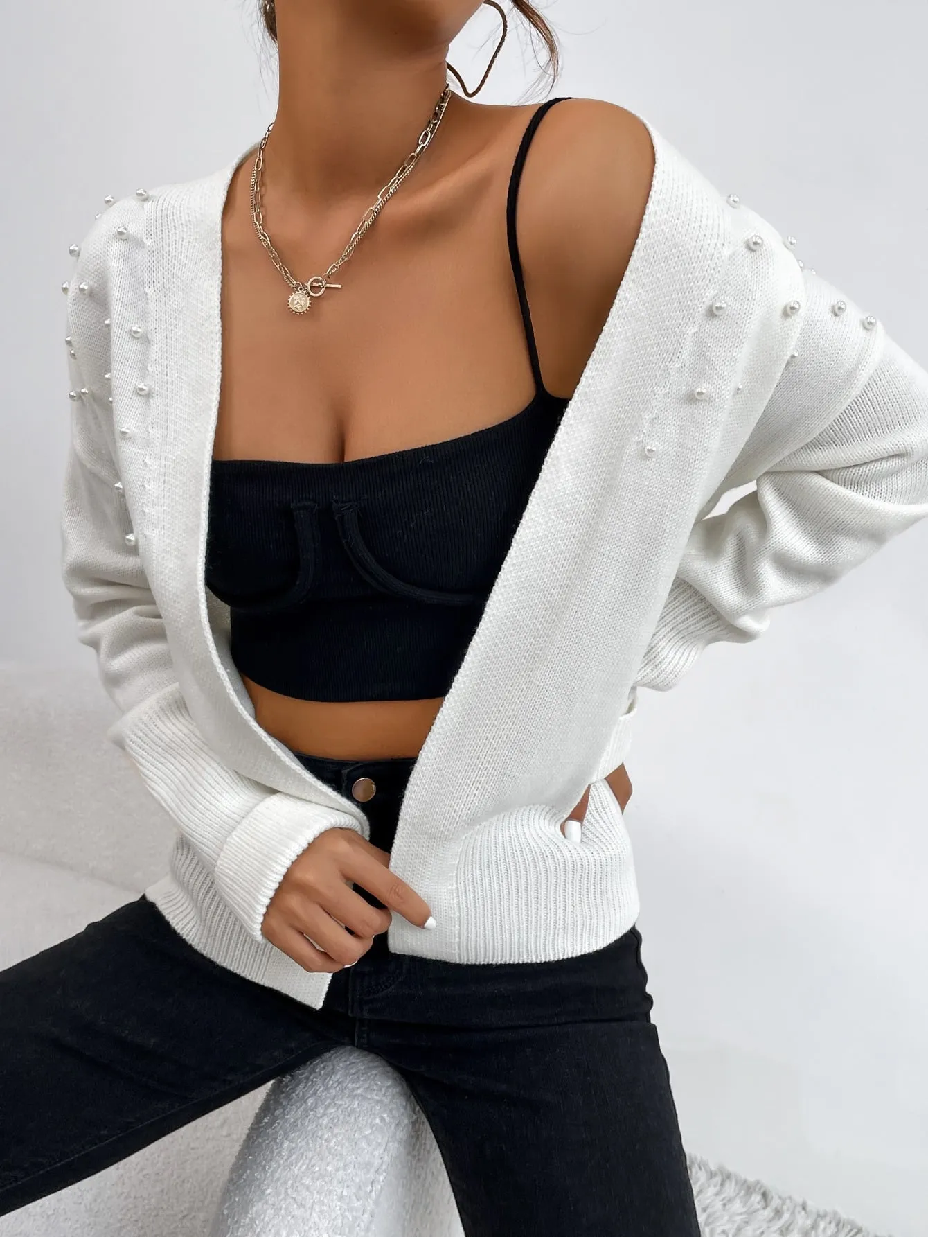 Casual Plain Pearls Long Sleeve Regular Women Cardigan