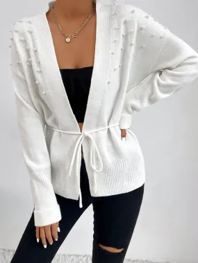 Casual Plain Pearls Long Sleeve Regular Women Cardigan