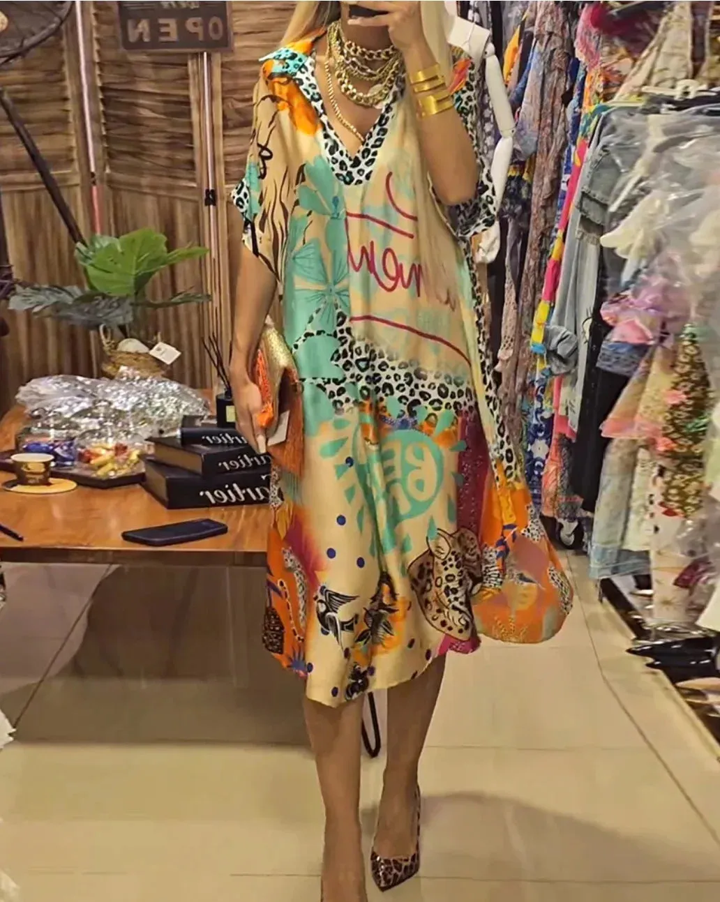 Casual V Neck Loose Midi Dresses Women