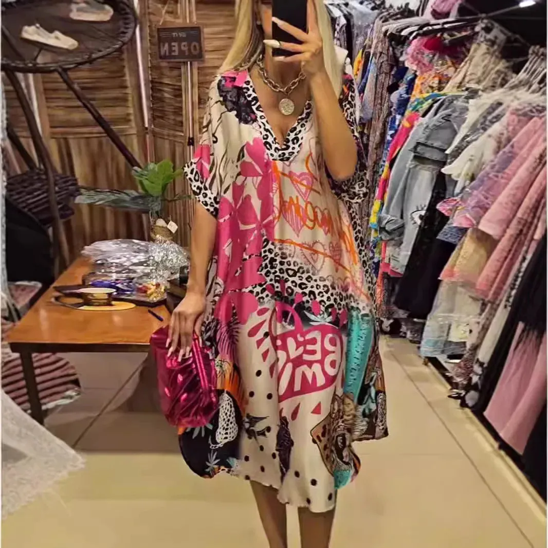Casual V Neck Loose Midi Dresses Women