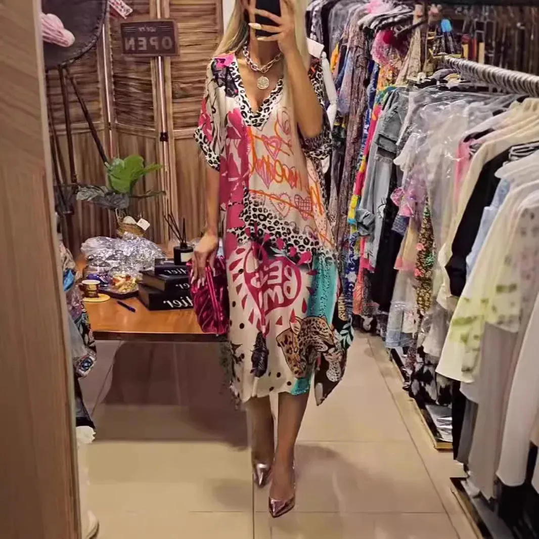 Casual V Neck Loose Midi Dresses Women