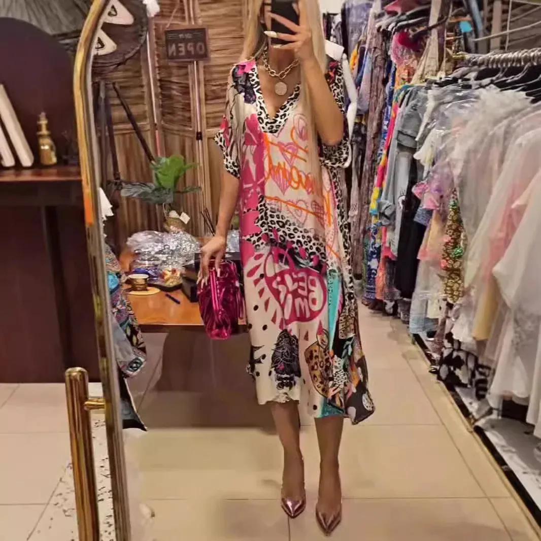 Casual V Neck Loose Midi Dresses Women
