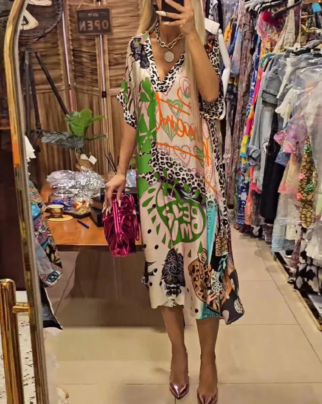 Casual V Neck Loose Midi Dresses Women