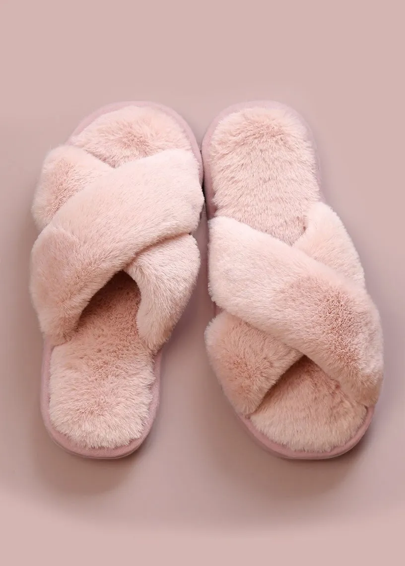 Criss Cross Soft Fuzzy Slippers in White