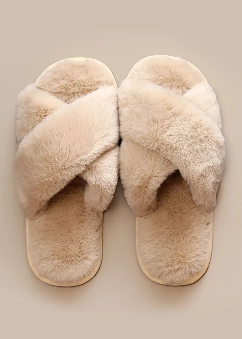Criss Cross Soft Fuzzy Slippers in White