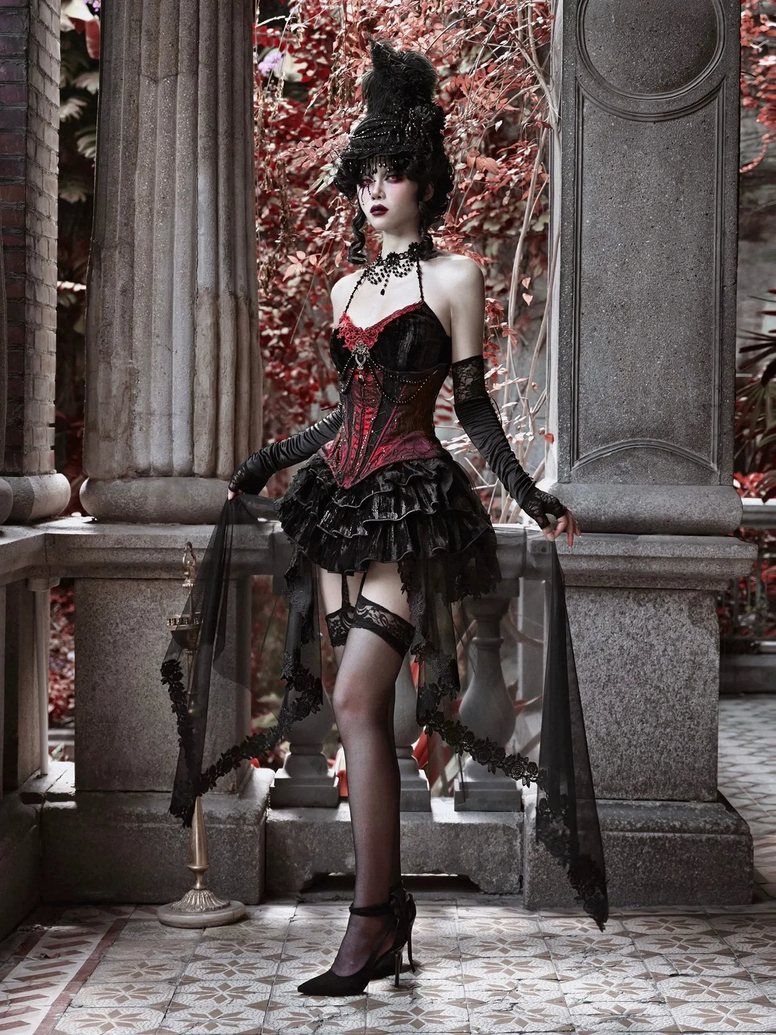 Duchess Suit Suspender Long Gothic Tail Belted Velvet Dress Tulle