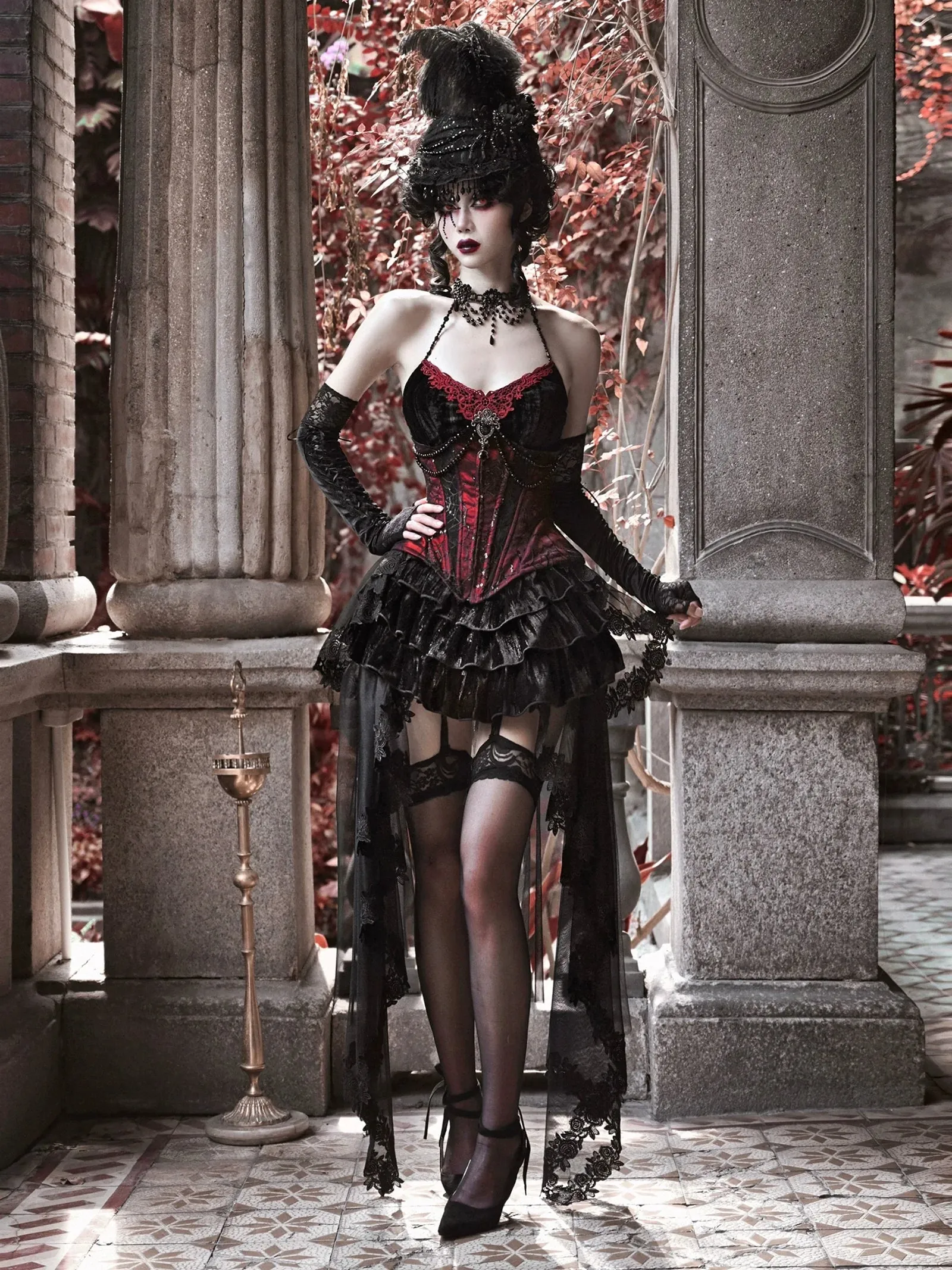 Duchess Suit Suspender Long Gothic Tail Belted Velvet Dress Tulle