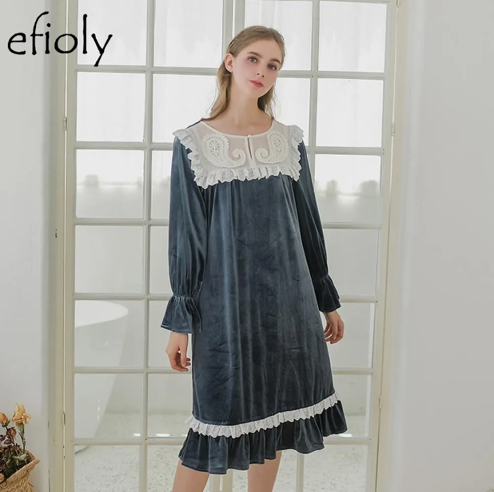 EFIOLY SY19A0027 Luxury Sleepwear Women Elegant Nighdress Autumn HomeWear Vintage Nightgown Long Sleeve Lace Ruffle Sleep Shirt