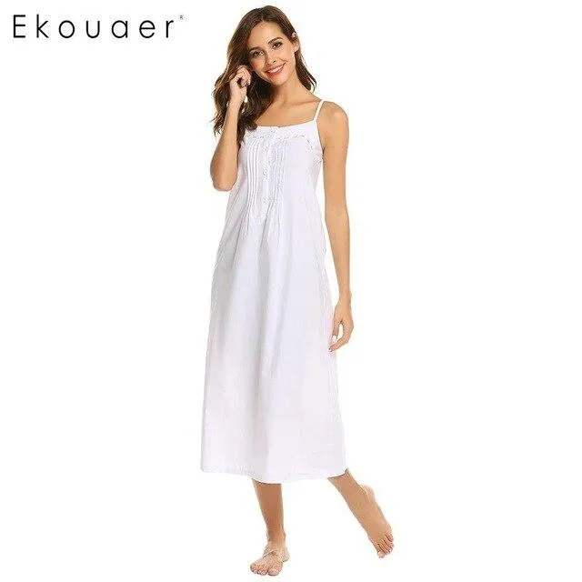 Ekouaer Nightwear Dress Casual Sleeveless Vintage Style Button Lace Adjustable Spaghetti Straps Women Nightgown