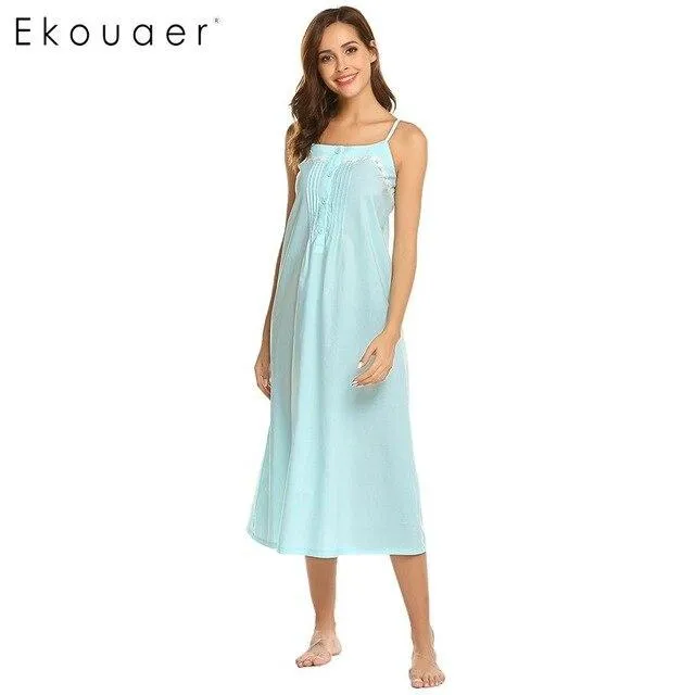 Ekouaer Nightwear Dress Casual Sleeveless Vintage Style Button Lace Adjustable Spaghetti Straps Women Nightgown