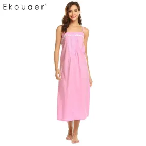 Ekouaer Nightwear Dress Casual Sleeveless Vintage Style Button Lace Adjustable Spaghetti Straps Women Nightgown