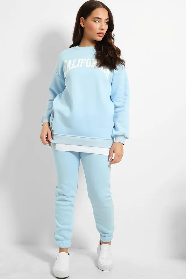 FLEECE OVERSIZED SIDE ZIP BLUE SWEATSHIRT & JOGGER PRINT TRACKSUIT
