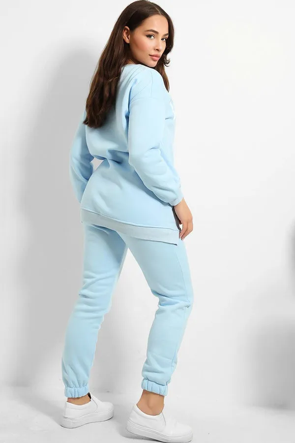 FLEECE OVERSIZED SIDE ZIP BLUE SWEATSHIRT & JOGGER PRINT TRACKSUIT