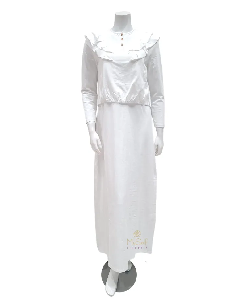 FW21N27B White V Ruffle Cotton Nursing Nightgown