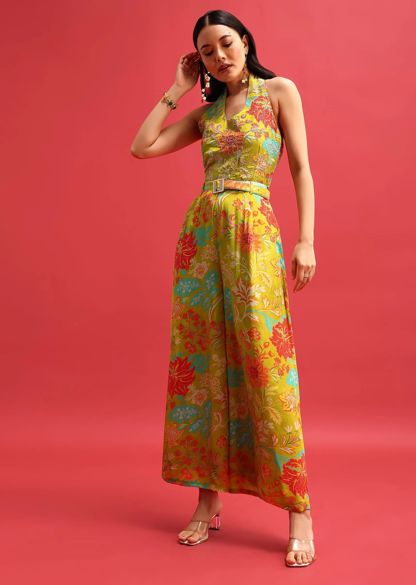 Green Floral Printed Jumpsuit With Zari Work