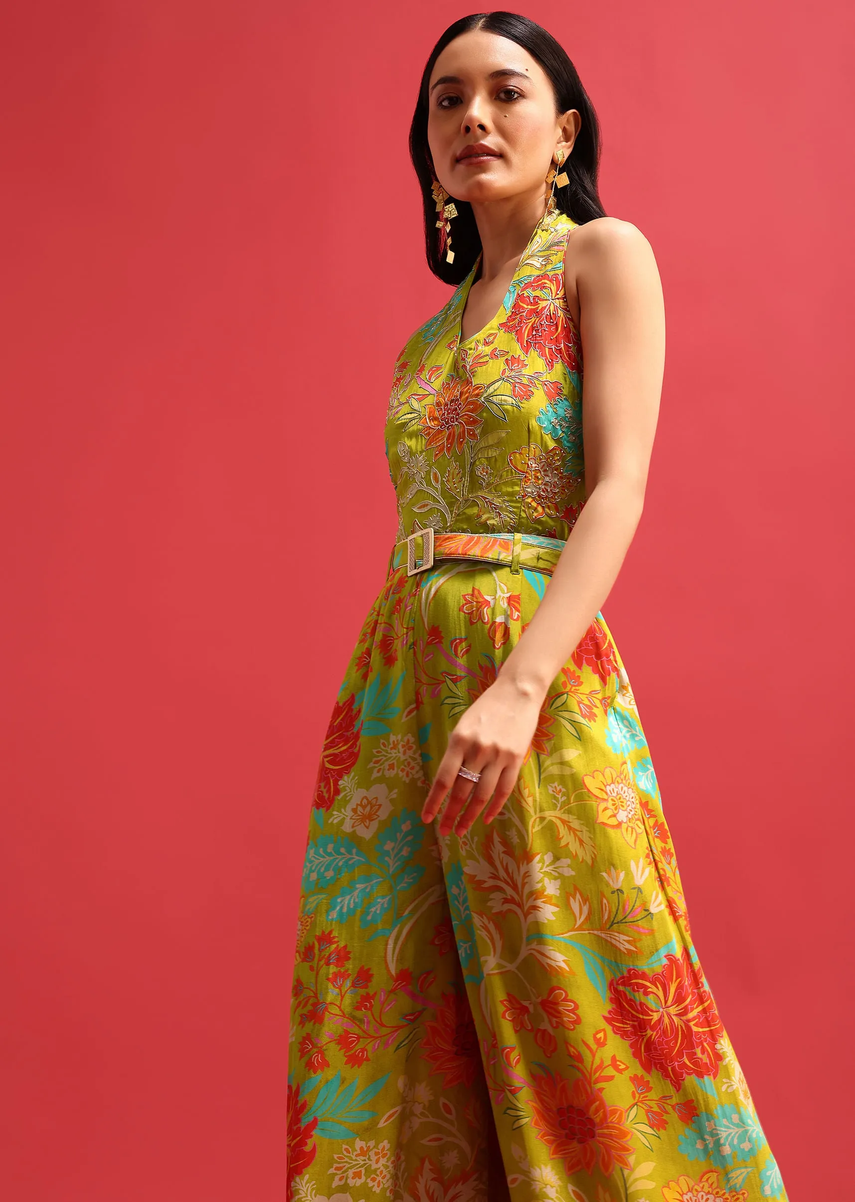 Green Floral Printed Jumpsuit With Zari Work